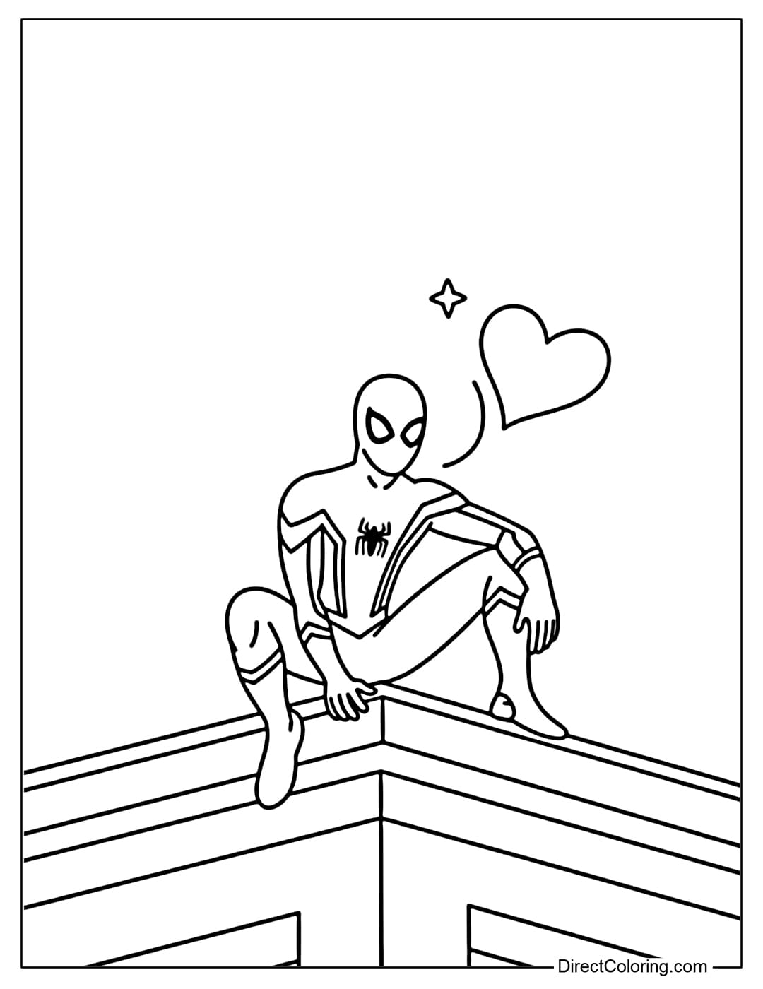 A coloring page of Spiderman sitting on a simple rooftop, with small hearts and stars behind him.