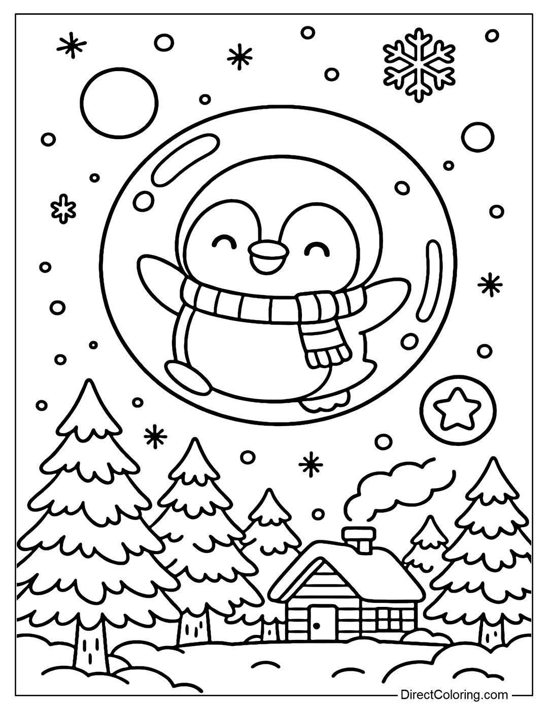 A large soap bubble coloring page flying in the middle of a winter scene, inside the bubble is a baby penguin wearing a small scarf. Outside the bubble is a pine forest covered with white snow.