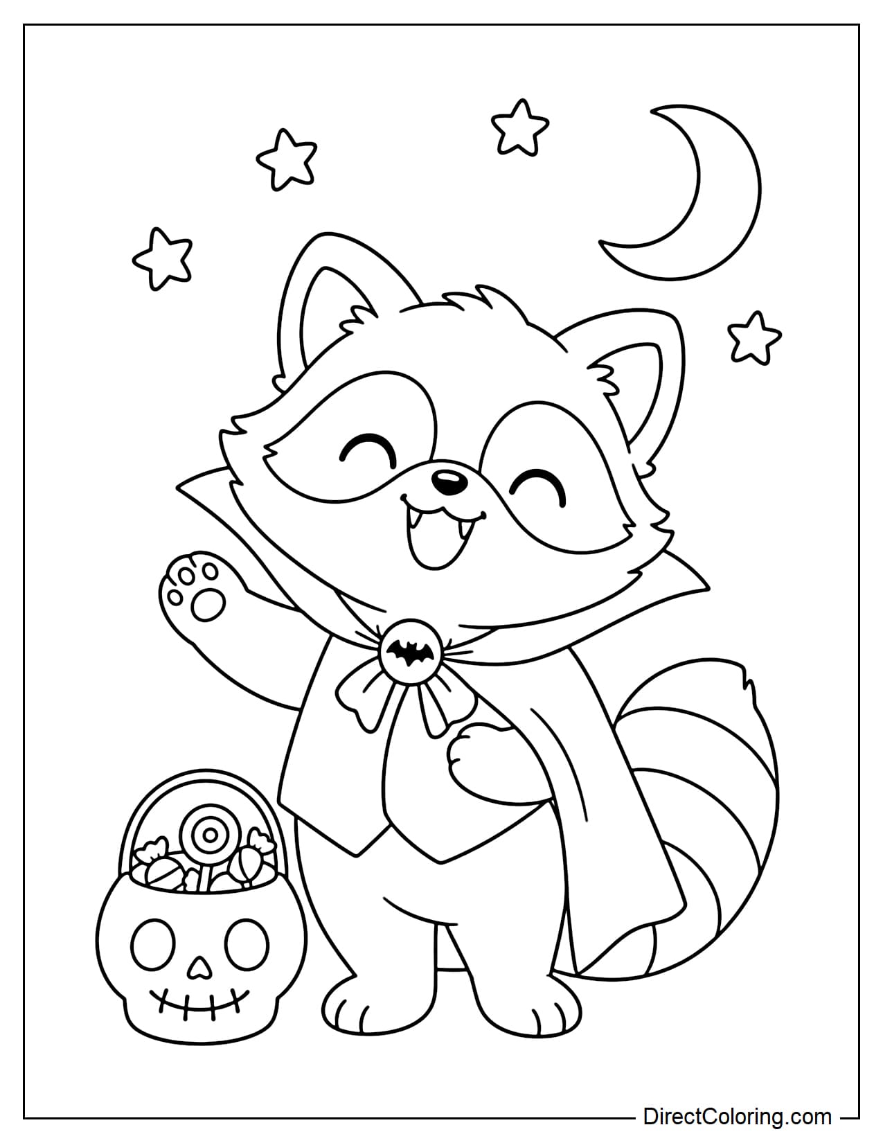 A raccoon wearing a simple Halloween vampire cape, standing happily beside a small skull-shaped candy bucket.