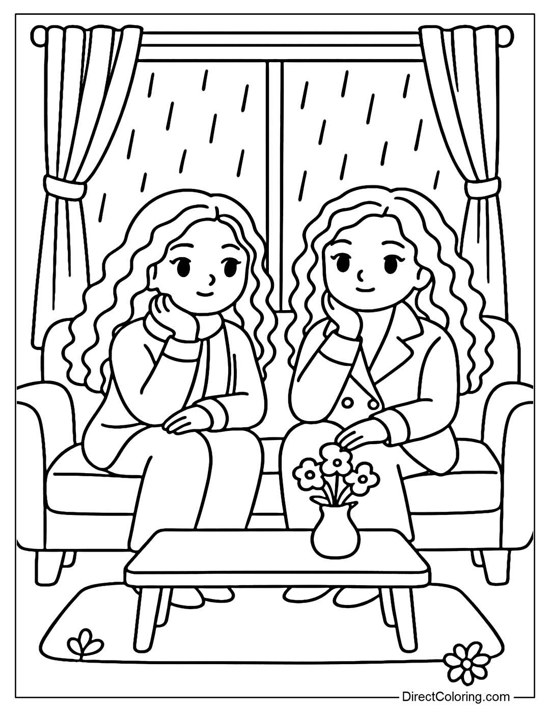 A coloring page of two girls sitting next to each other chatting on the sofa by a large window, it is raining outside.
