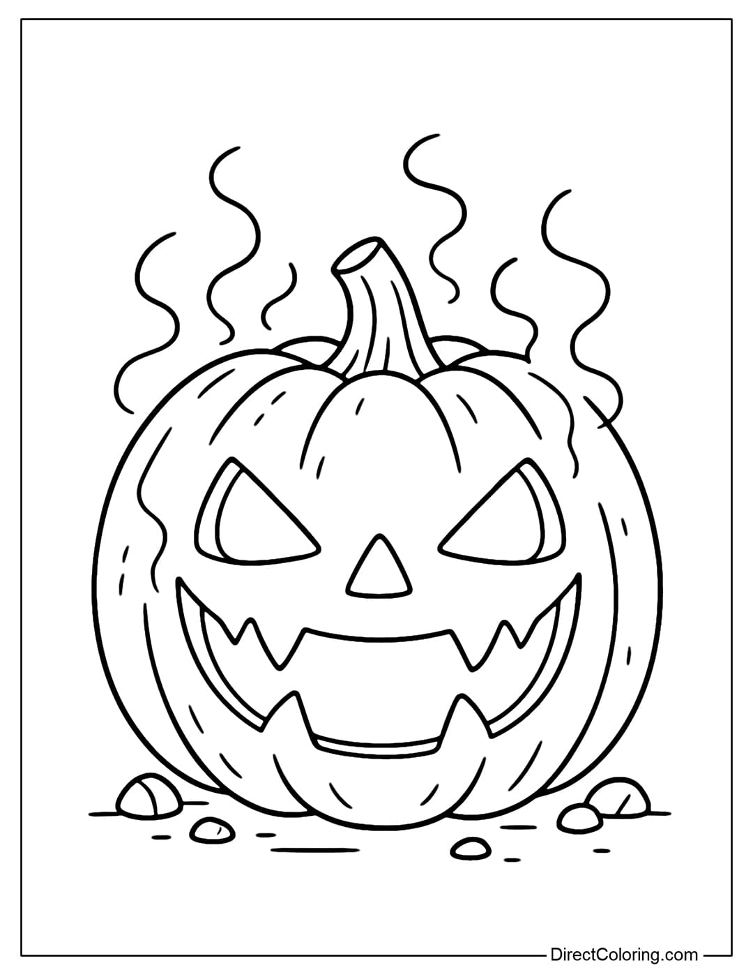 Jack o lantern coloring page with glowing eyes and mouth, thin smoke coming out from inside.