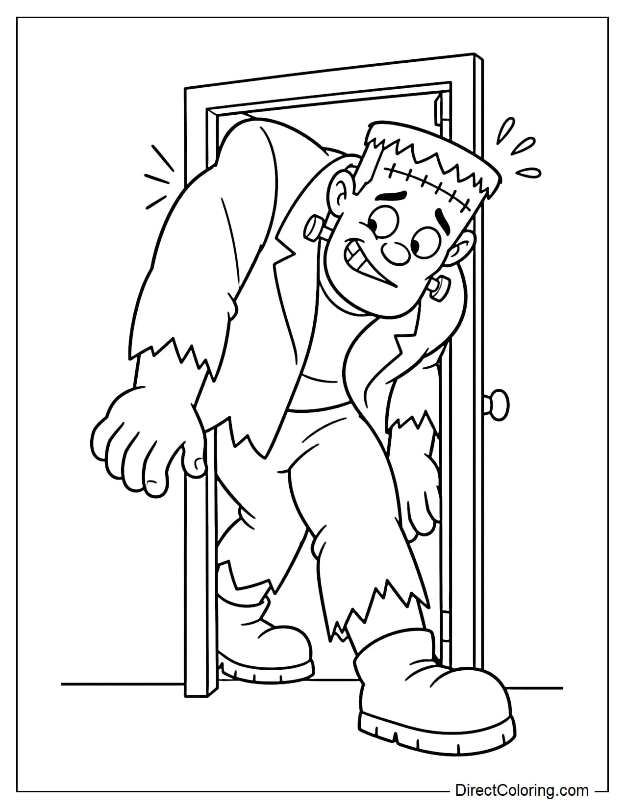 Frankenstein ducks and twists his body to squeeze through a door that is much too small, with one shoulder stuck in the frame and one leg already through.