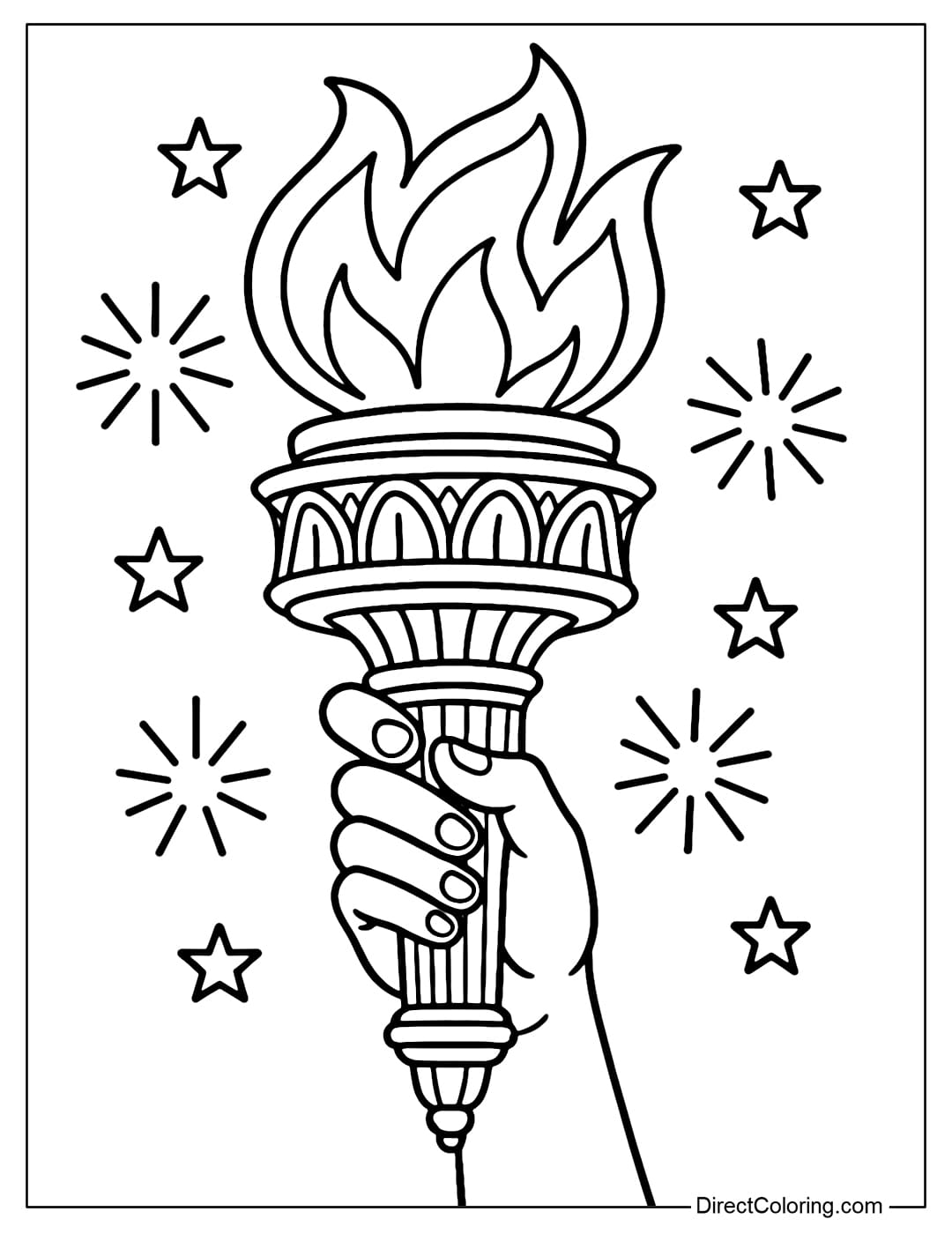 Coloring page of the Statue of Liberty torch shining, surrounded by stars and small fireworks.