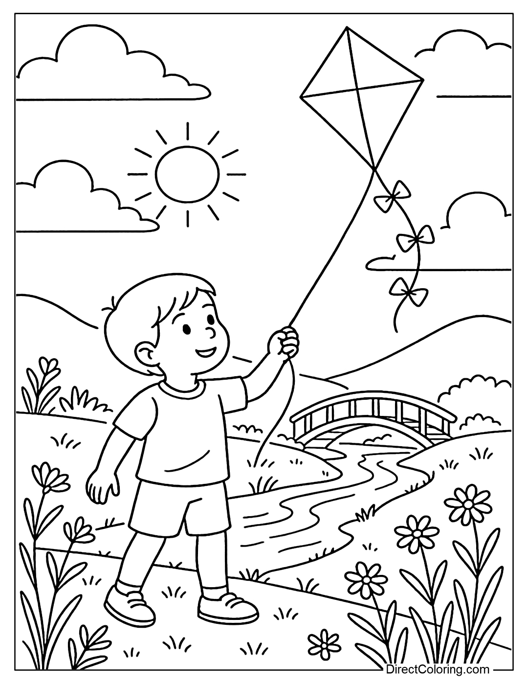 Kite flying coloring page at sunset, orange-red sun and shadow of person pulling kite string