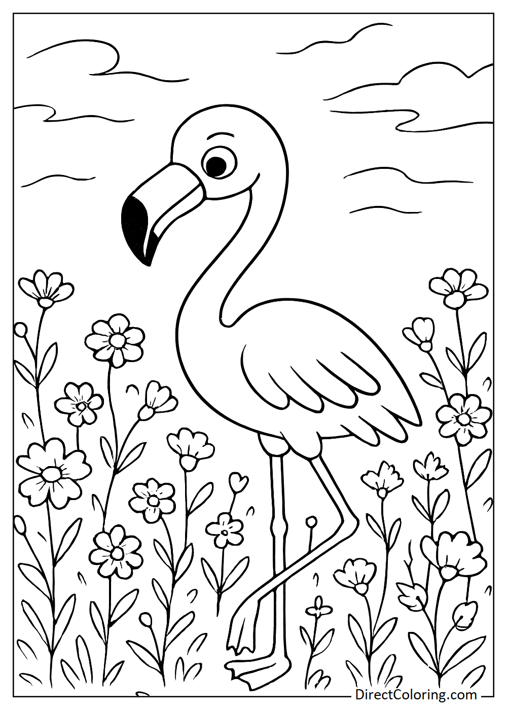 Flamingo in a field of wildflowers coloring book