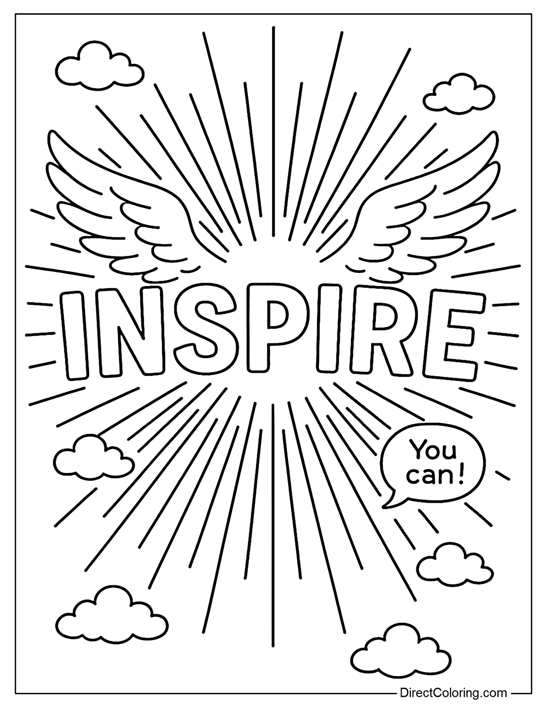 Inspire coloring page with flying birds, rays of light and tiny whispers: You can!