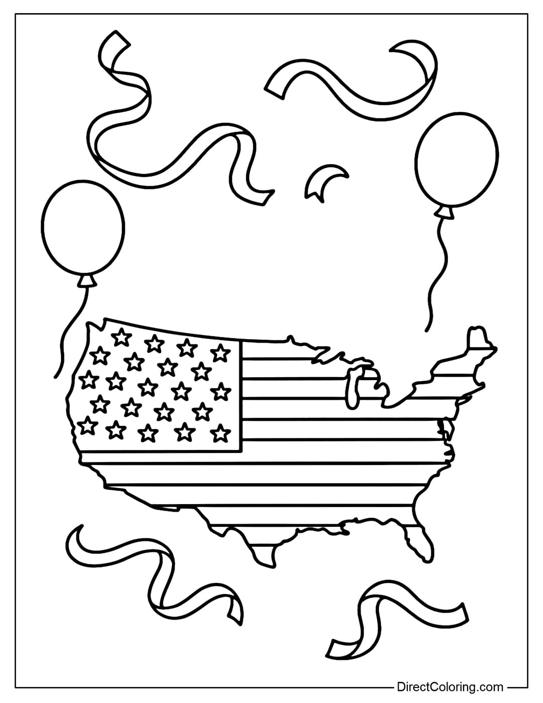A coloring page of a map of the United States, covered with stripes and stars like the national flag, surrounded by ribbons and balloons.