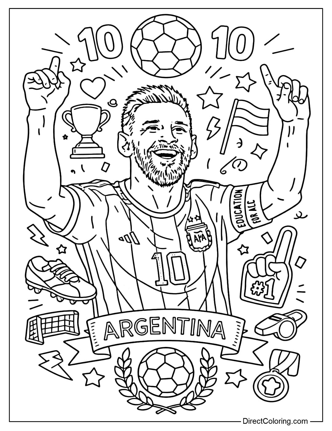 Coloring page of Lionel Messi celebrating victory with his arms outstretched, a calm and confident expression.