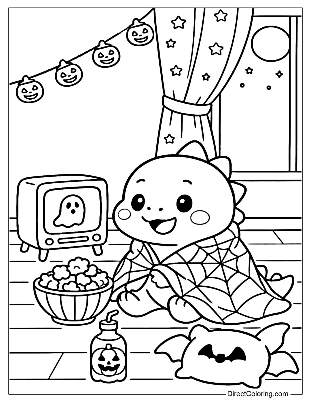 A cute baby dinosaur coloring page is sitting on the floor in a cozy Halloween bedroom, focused on watching a horror movie on a small antique TV.