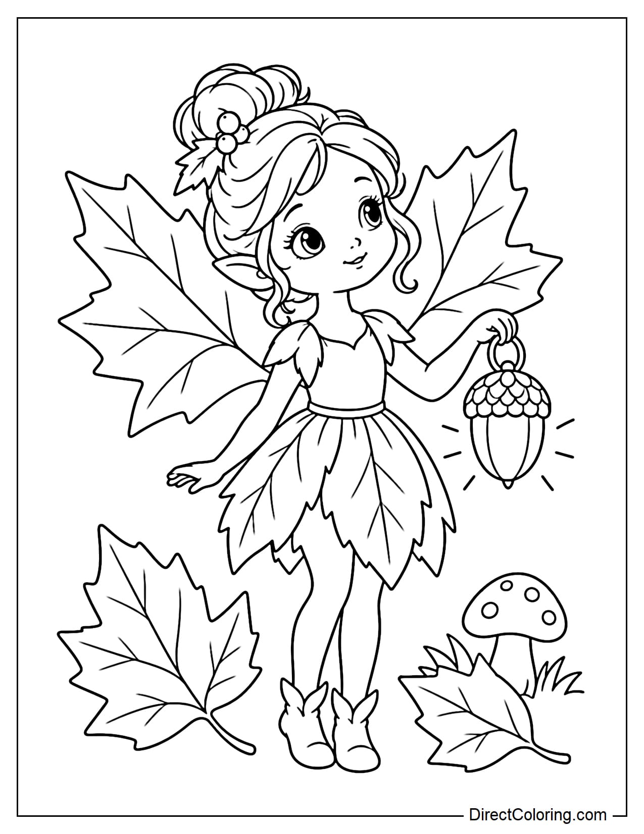 A small fairy with maple leaf-shaped wings is standing while holding an acorn lantern, surrounded by a few large leaves and a small mushroom stump.