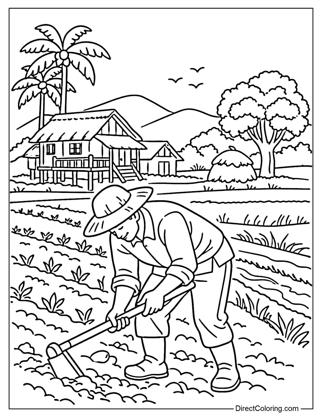 Coloring page of a farmer working in the field near the village house in the background.