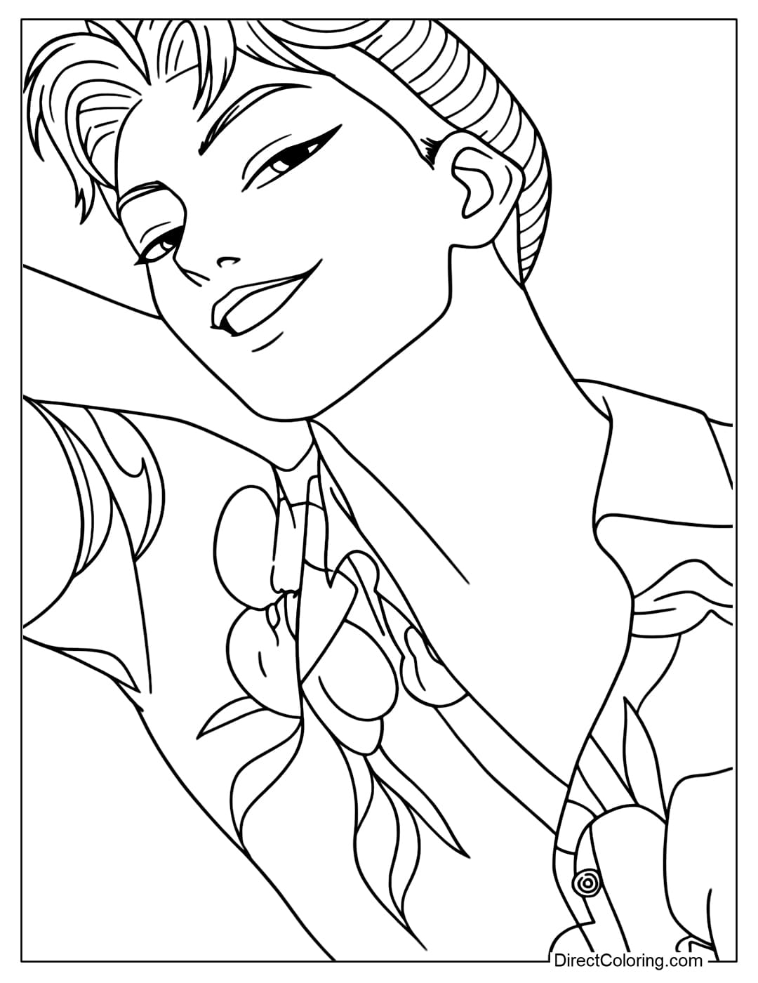 Kpop Demon Hunters Saja Boys member Abby Saja Coloring Page. Abby wears a casual tropical patterned shirt, her hair is neatly combed back, romantic but strong.