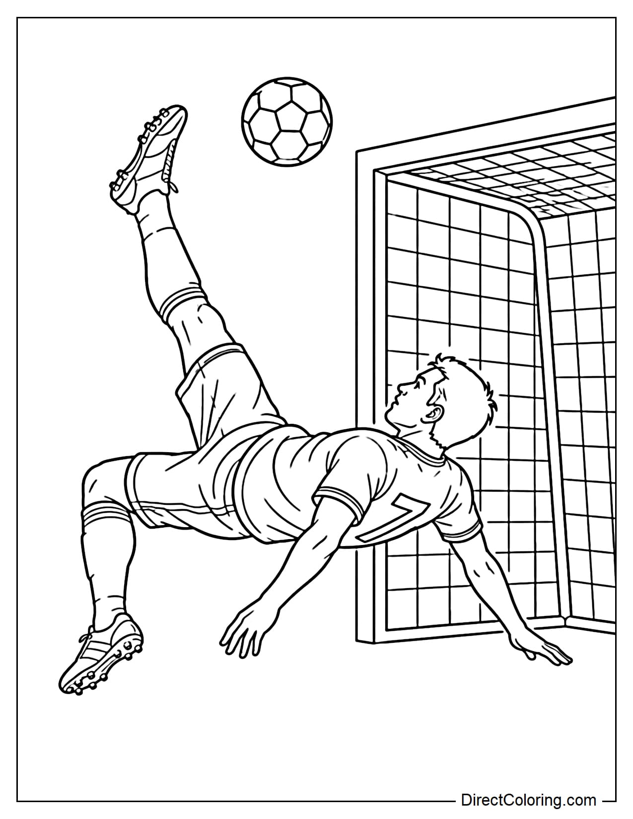A soccer player performing an impressive bicycle kick with the ball flying towards the goal.