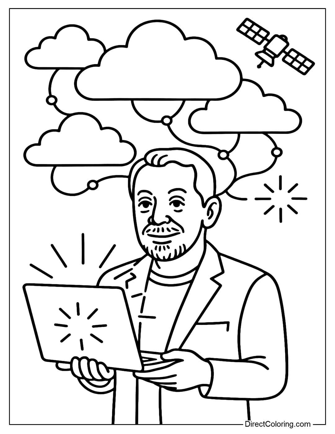 Larry Ellison Under the Cloud Sky Coloring Page Larry Ellison coloring page with a cloudy sky, holding a laptop in his hand, symbolizing cloud computing.