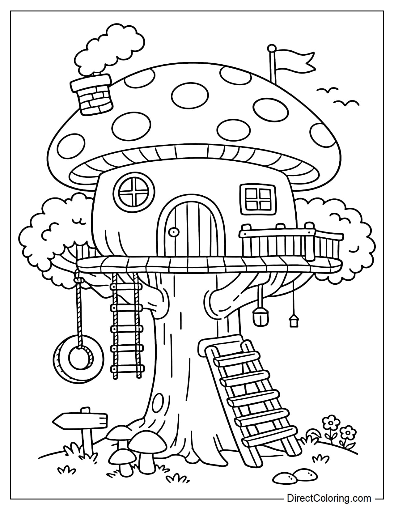 A treehouse shaped like a large mushroom, with a round roof and simple windows.