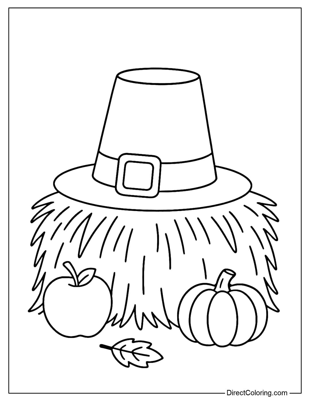 A pilgrim's hat coloring page placed on a straw stump, surrounded by apples and small pumpkins.