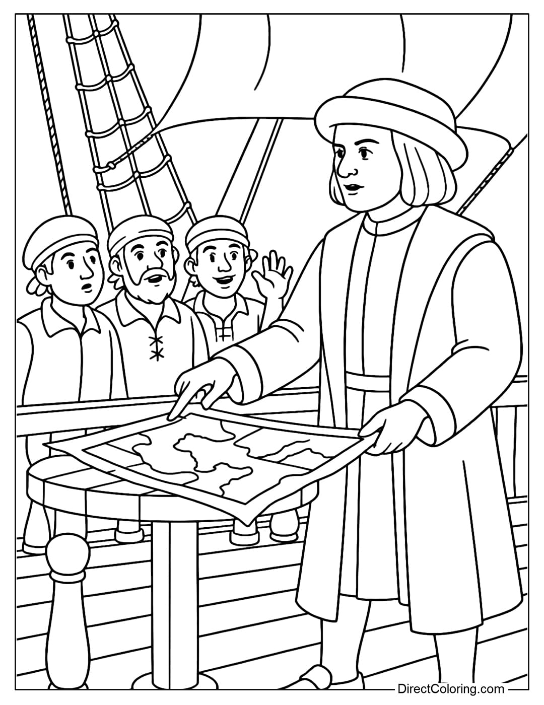 Coloring page of Columbus standing on the deck of the ship explaining to the sailors, pointing at an ancient map.