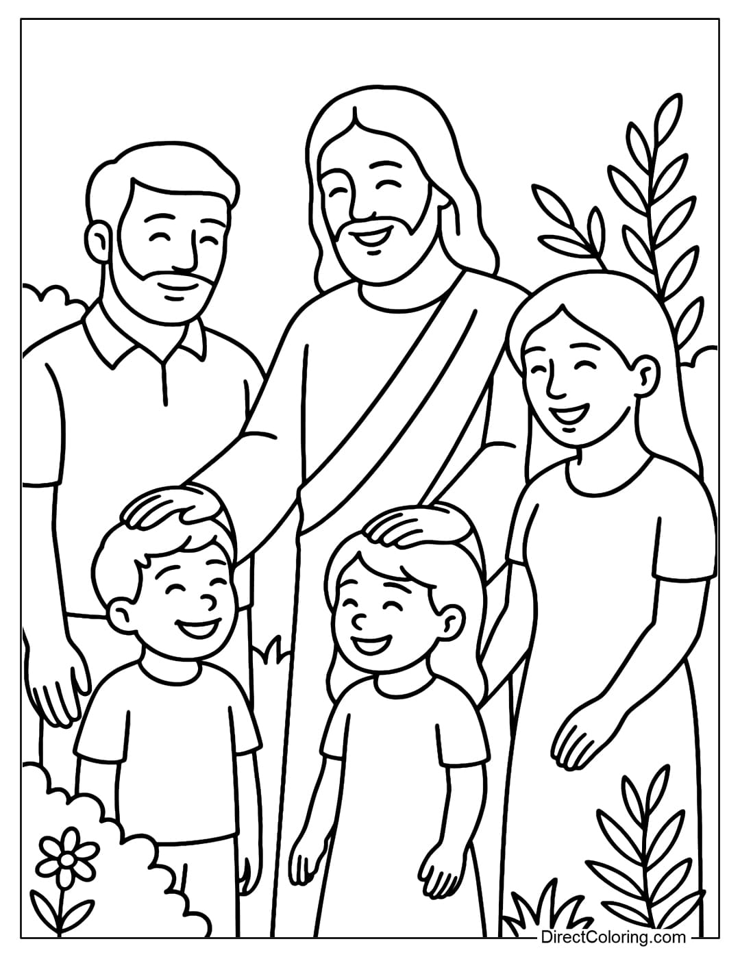 Jesus Coloring Page placing his hands on a family to bless, happy face.