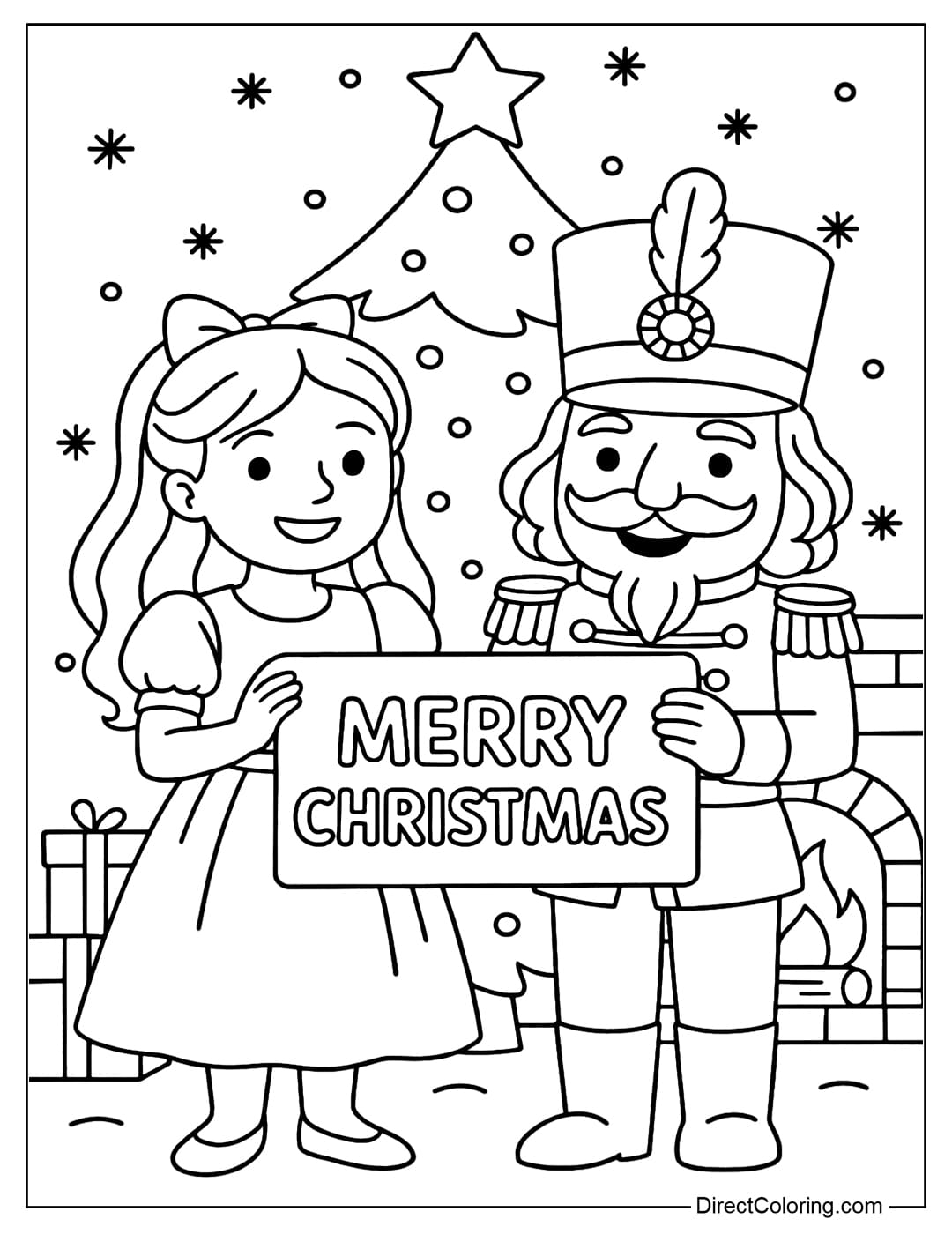 Coloring page of Clara and Nutcracker standing together in front of a large pine tree, holding up a sign reading 