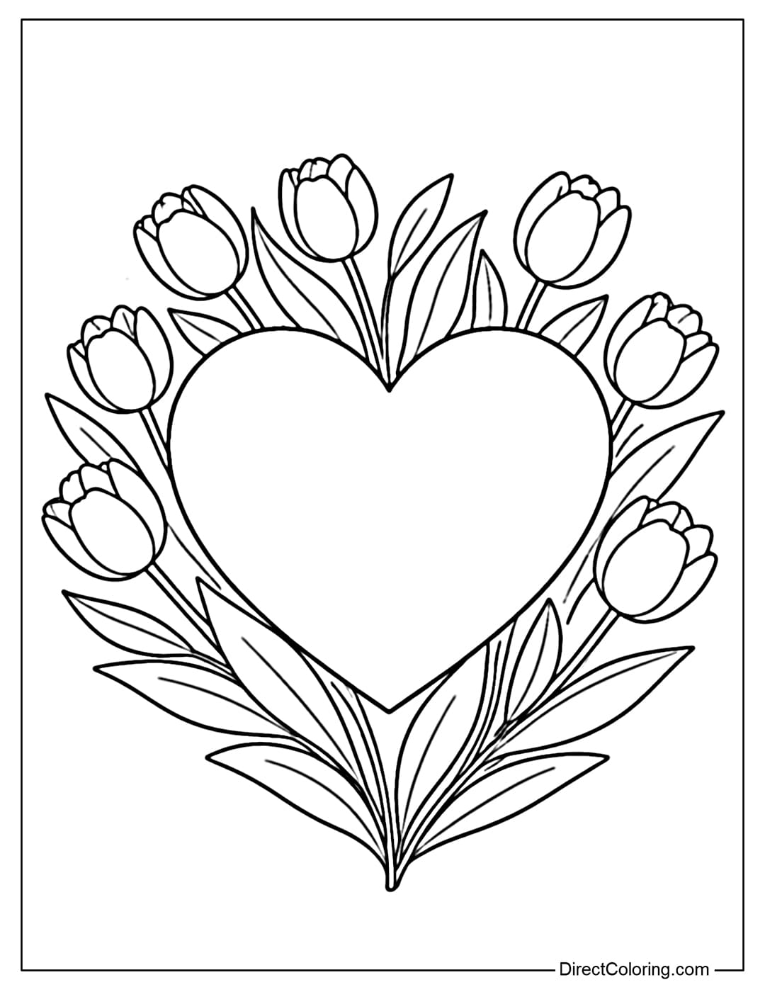 A coloring page of a heart surrounded by tulips.