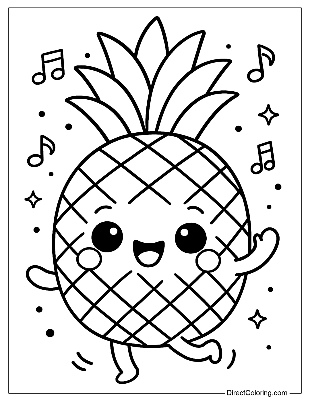 A dancing pineapple coloring page with musical notes around it.