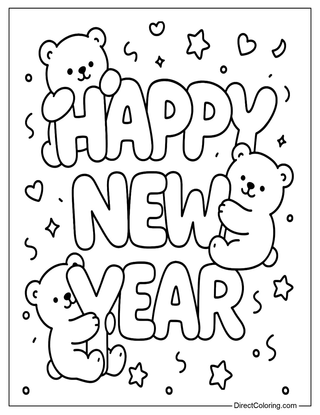 A coloring page of the words HAPPY NEW YEAR puffed up like water balloons, with bears hugging the letters H, W, Y.