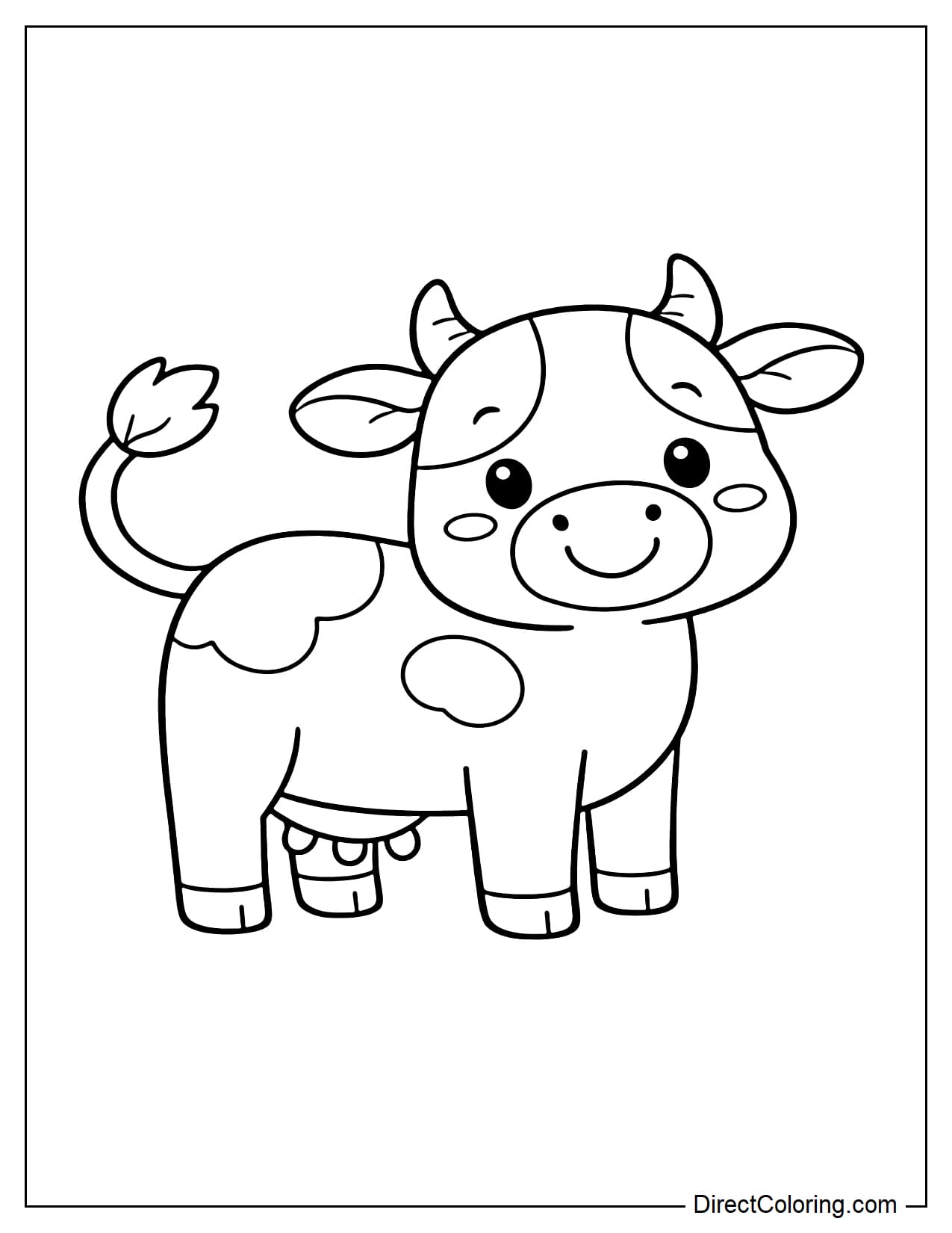 A cow standing with its tail curled up playfully.