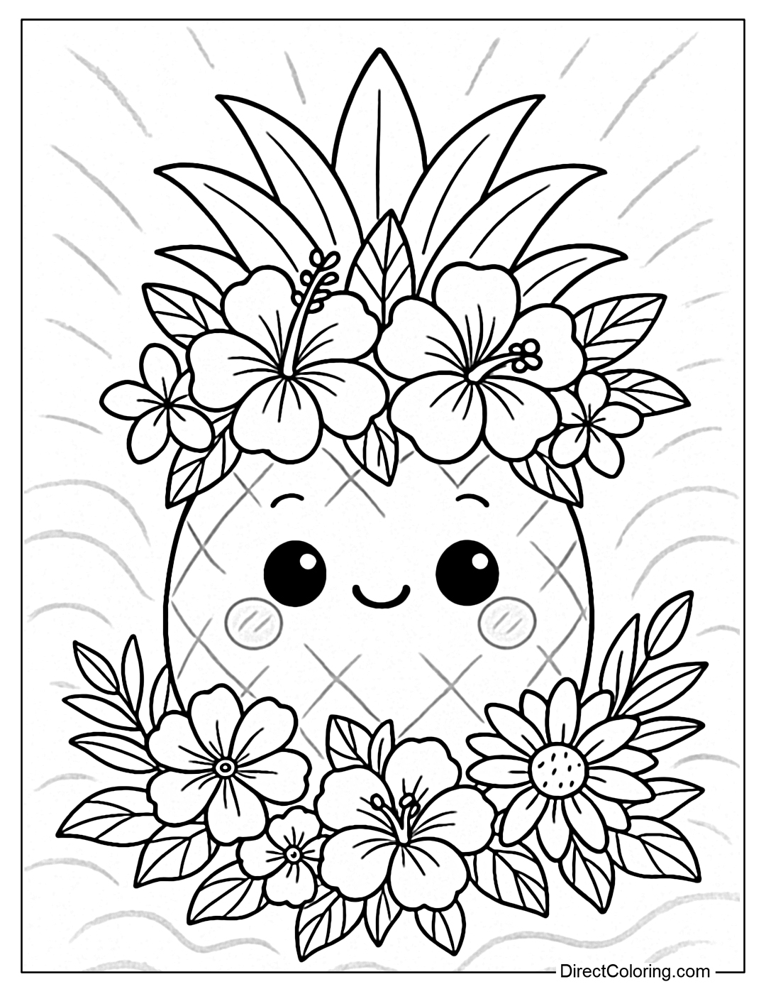 Coloring page of a pineapple decorated with hibiscus wreaths, frangipani flowers, and palm leaves wrapped around the stem