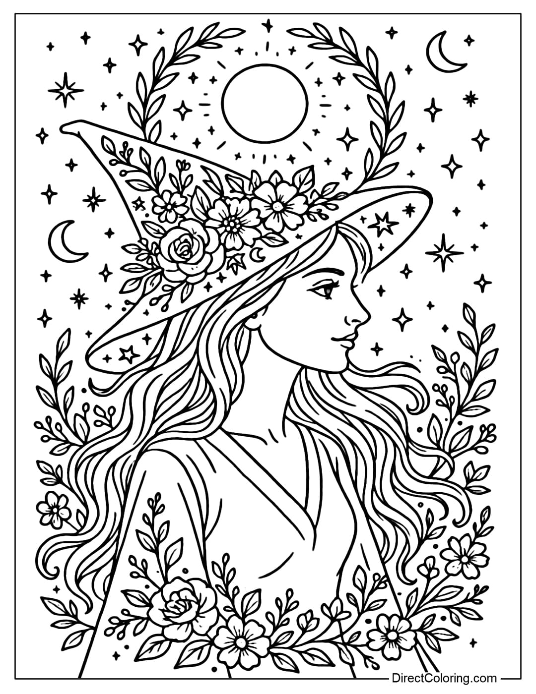 A beautiful witch coloring page wearing a hat decorated with flowers and astronomical patterns, standing in front of the night sky.