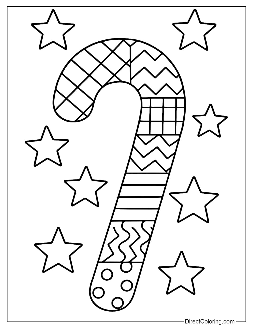 Patchwork coloring page Candy cane is divided into large patchwork pieces alternating checkered, zigzag, horizontal stripes.