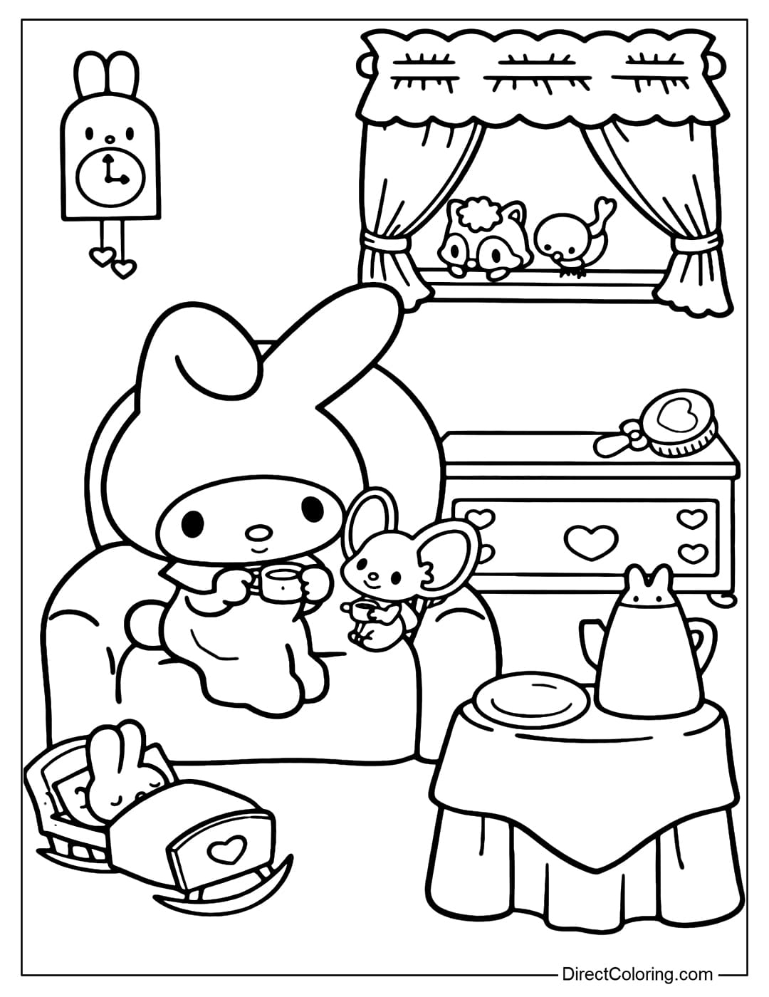 My Melody is relaxing on the sofa, holding a warm cup of tea, with a little mouse beside her in a cozy living room.