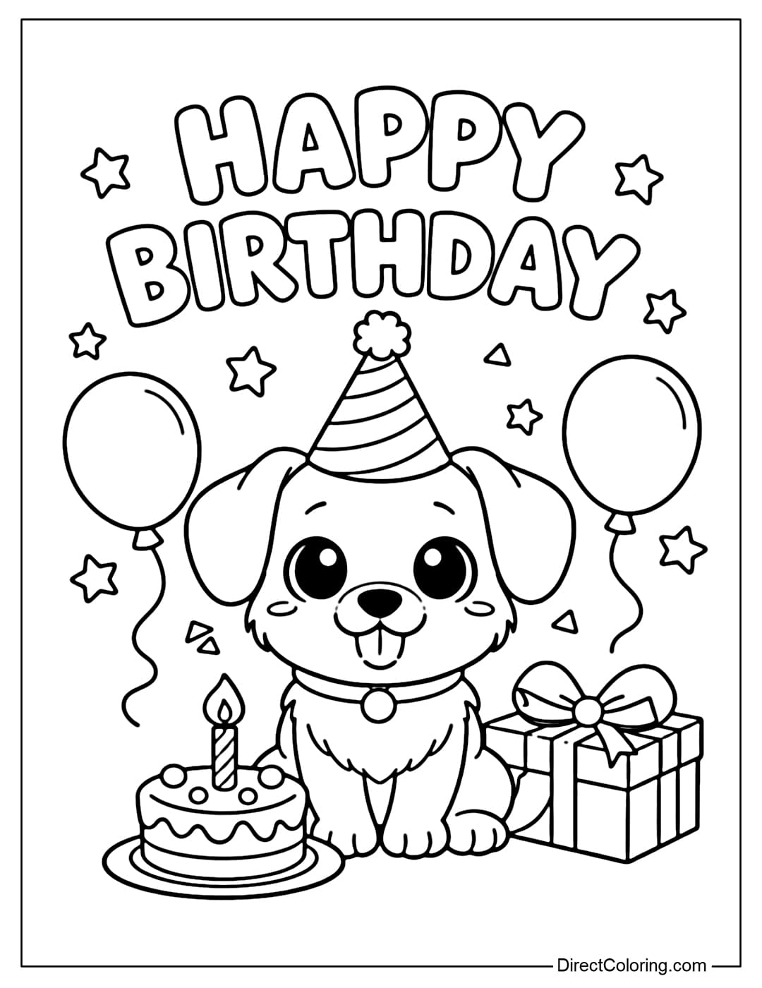 Coloring page with a puppy sitting in front of a small birthday cake and a gift box. Above is the text 