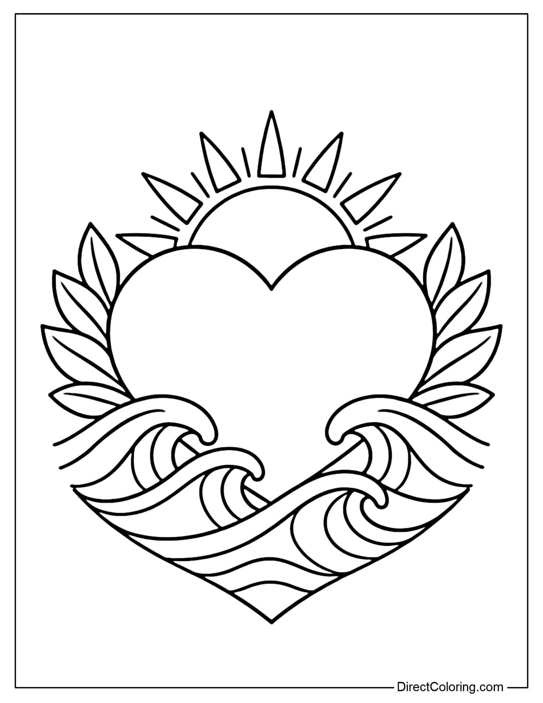 A coloring page with a central heart incorporating stylized waves, sun, and leaves.