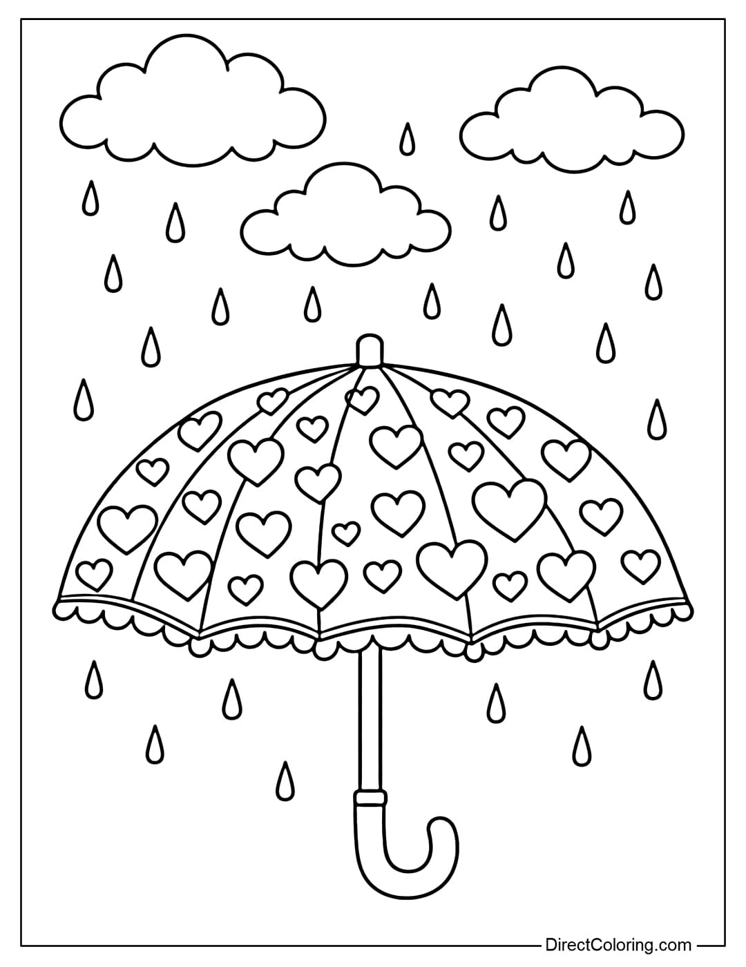A coloring page of an umbrella with a heart pattern, with clouds and light rain falling from above.