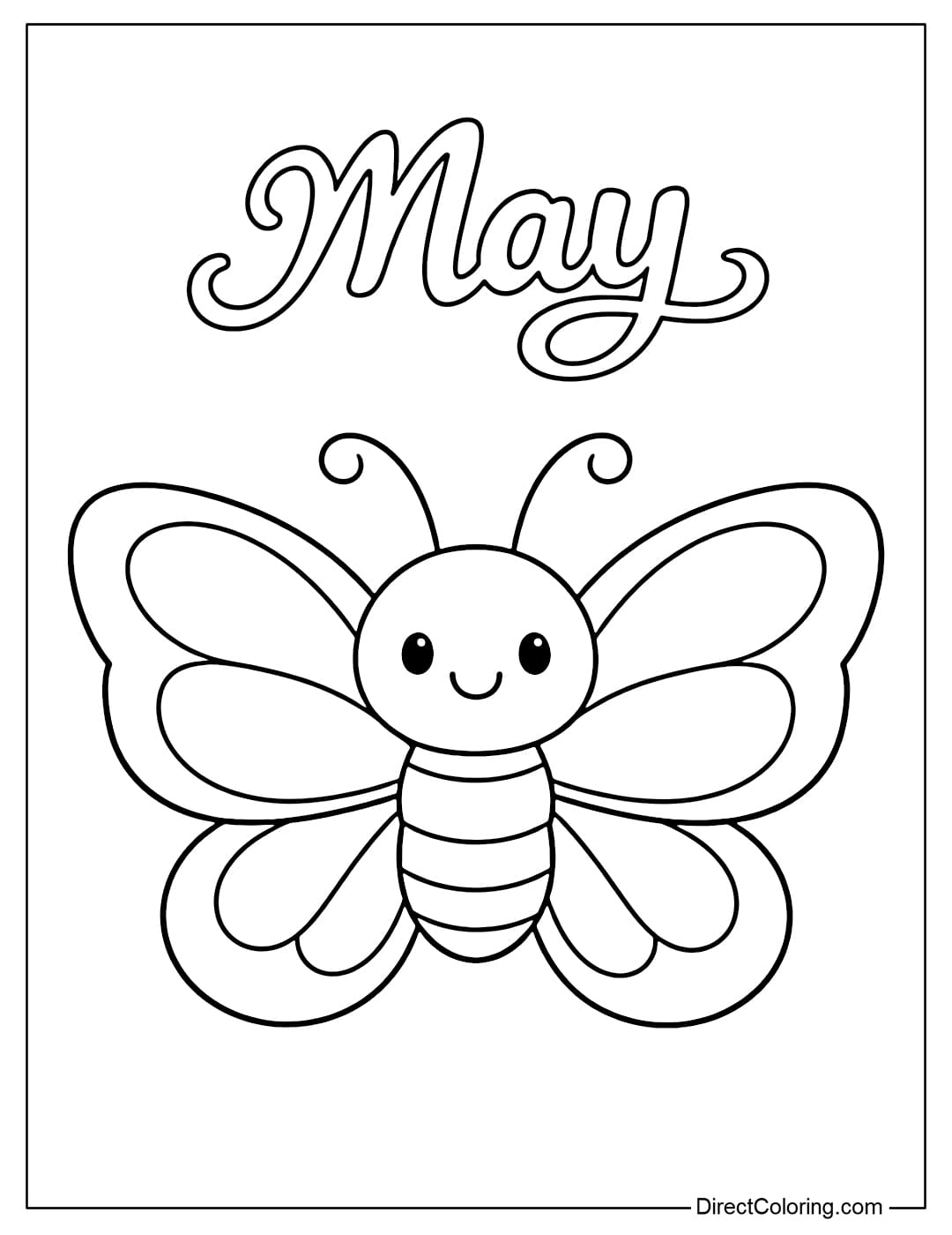 A coloring page of a large butterfly with simple wings, with the word 