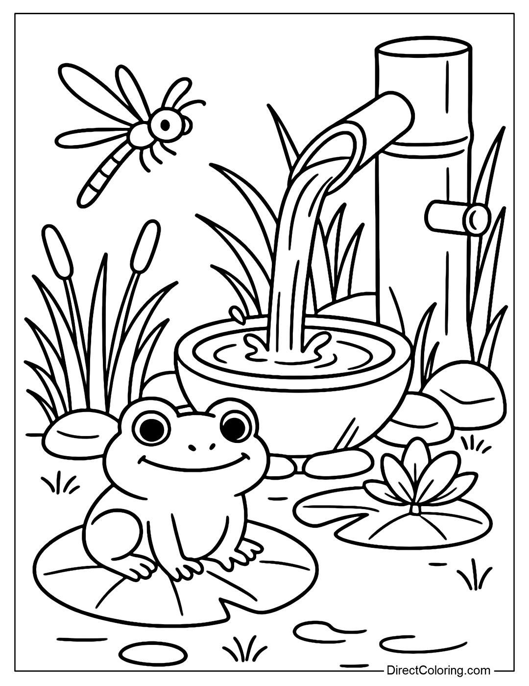 Coloring page of frog sitting on lotus leaf near small fountain, dragonflies flying, pebbles and low grass