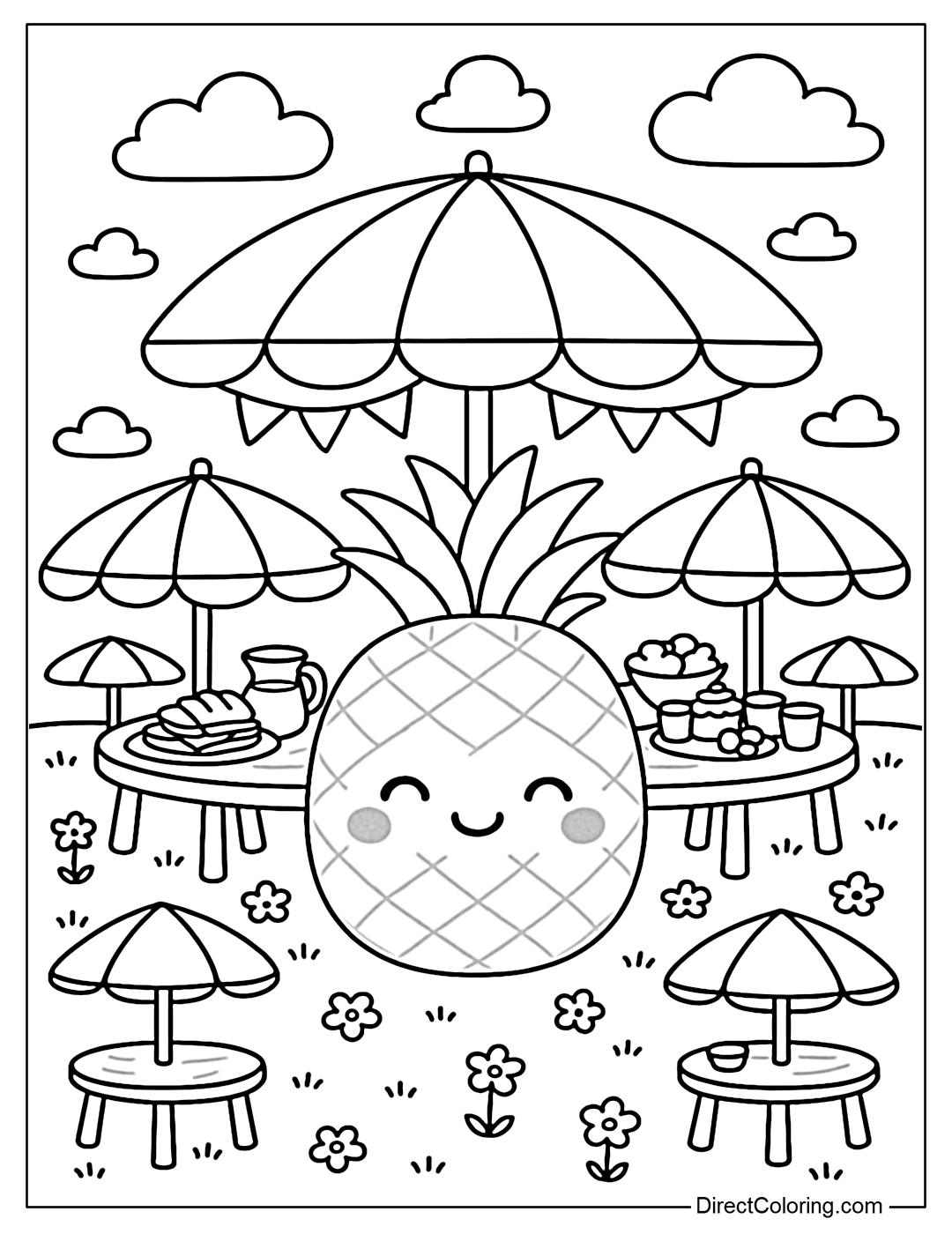 Outdoor party coloring page, pineapple is the main table, colorful umbrellas around.