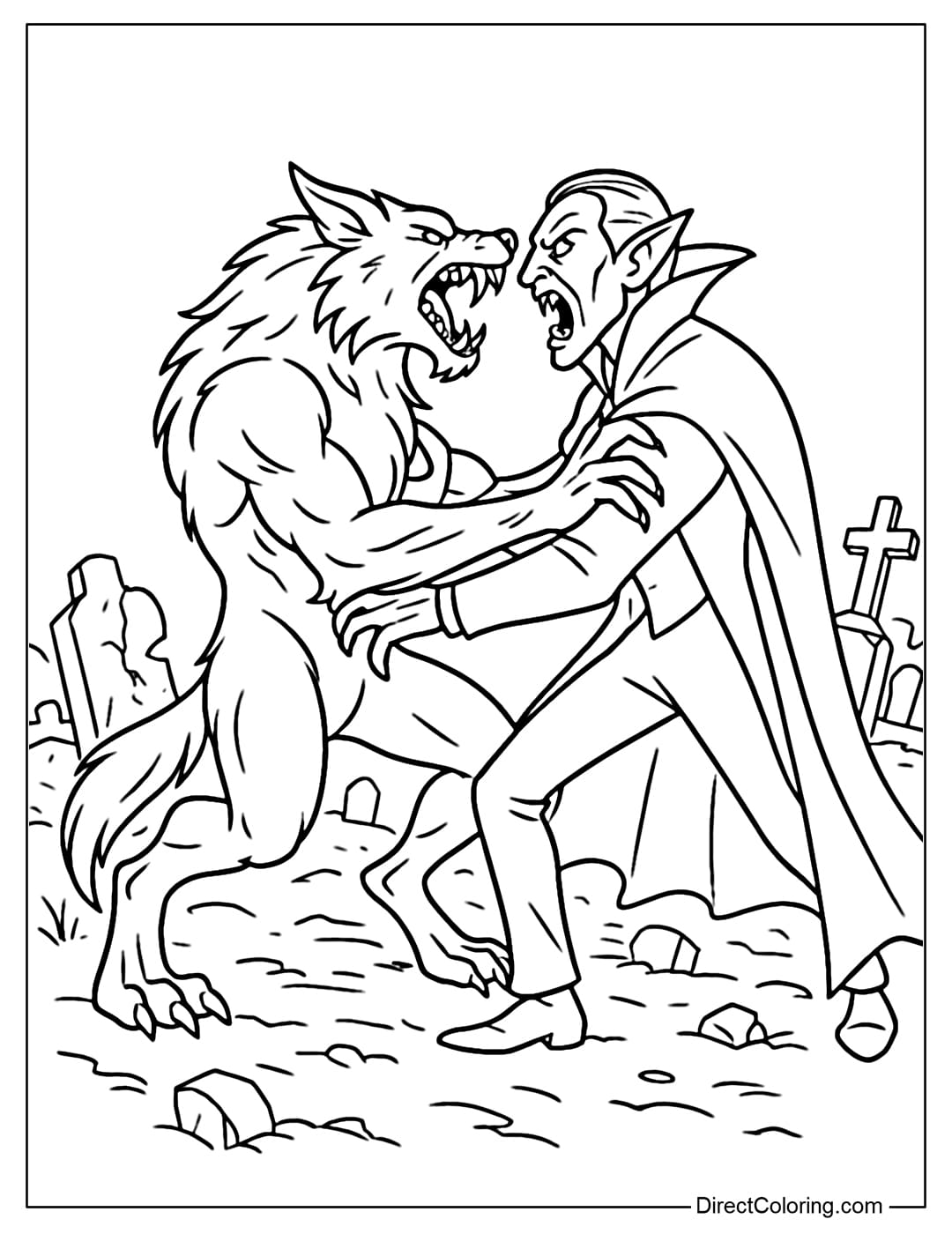 A coloring page of a battle between a werewolf and a vampire, their fangs clashing, the background is a cold cemetery with ruined tombstones.