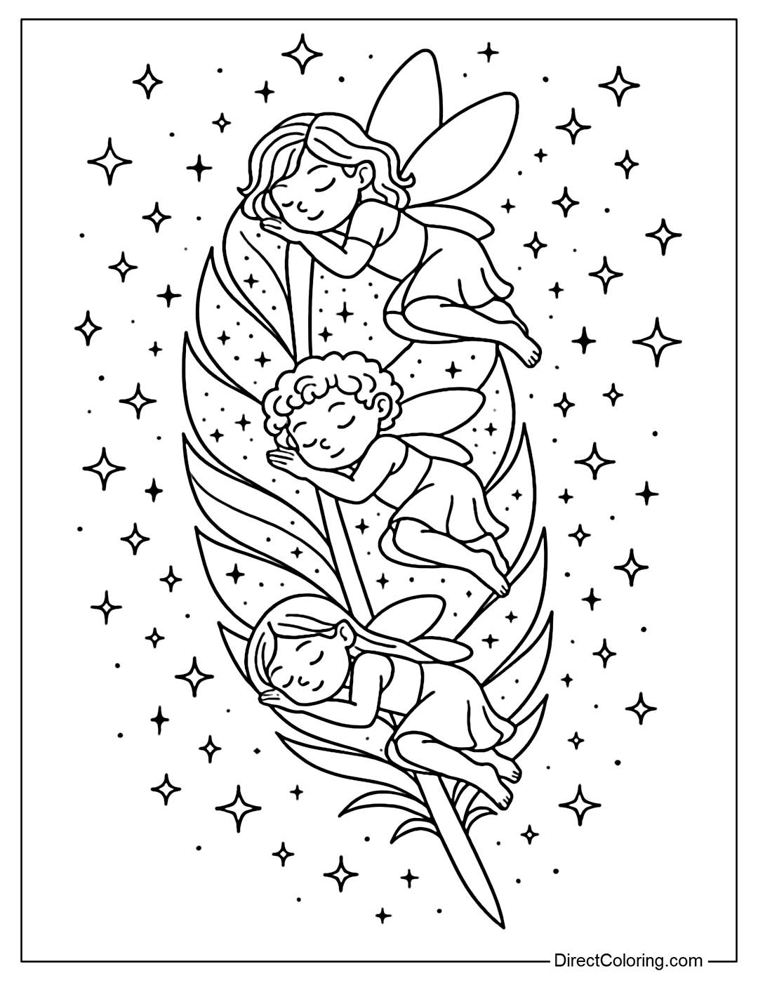 Feather coloring page with sparkling fairy dust, little fairies sleeping on it.