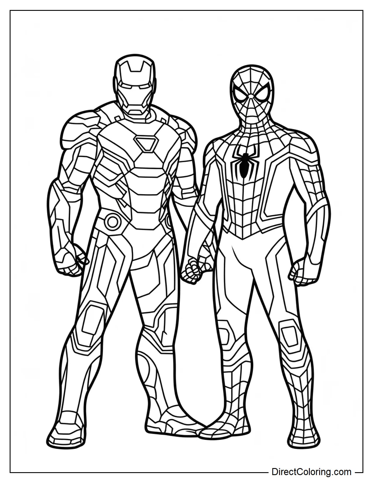 Iron Man stands next to Spider-Man in a simple pose.