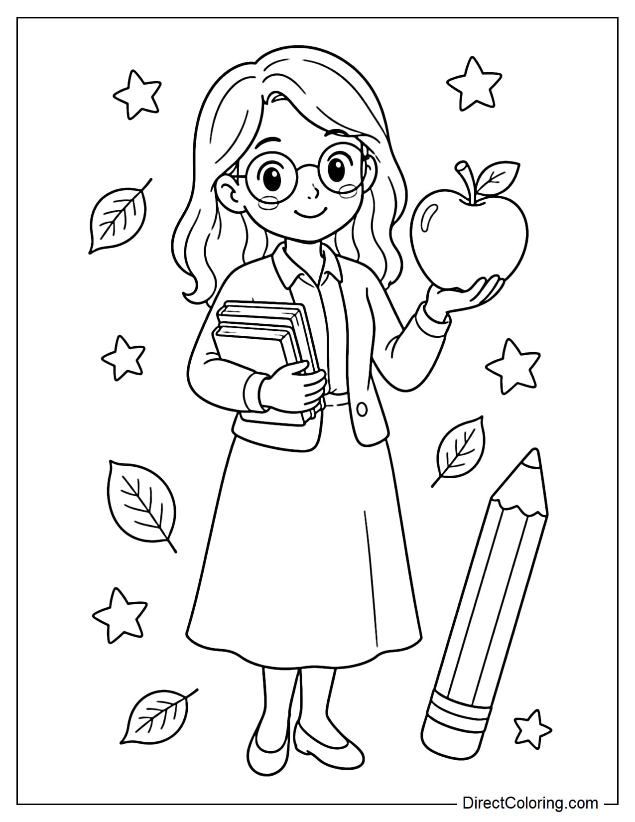 A female teacher is holding a large apple and carrying a stack of books, standing gently and smiling in a friendly way. Beside her is a large pencil, with leaves around her.