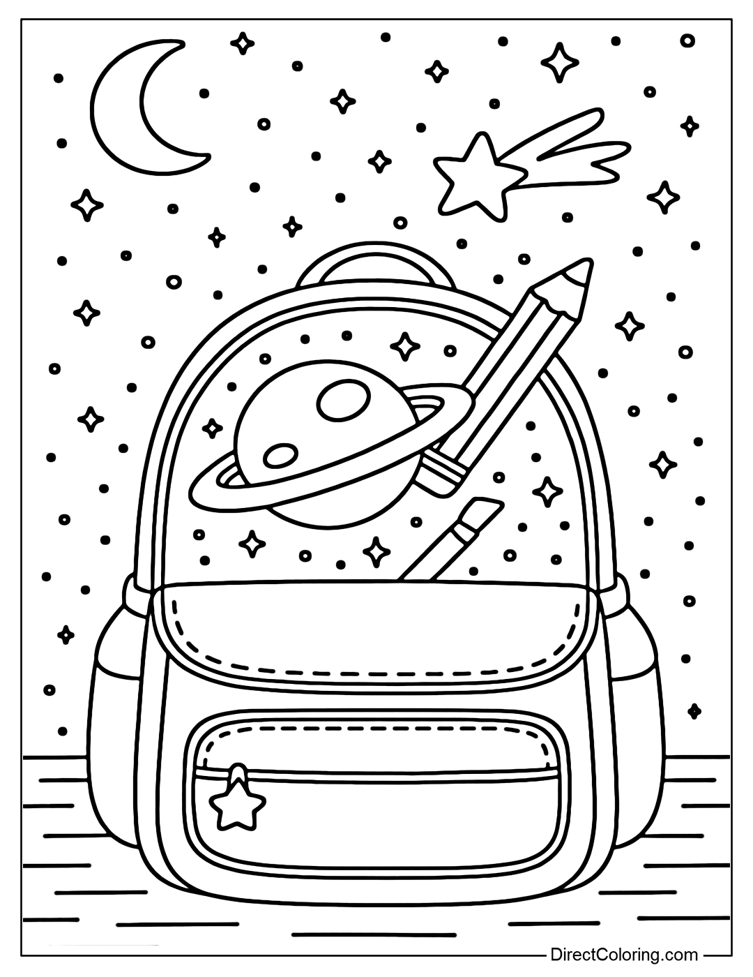 The backpack coloring page opens a small universe: the planet is eraser, the rings are pens, the meteor is a bright marker, the background is a dark sky dotted with sparkling stars.