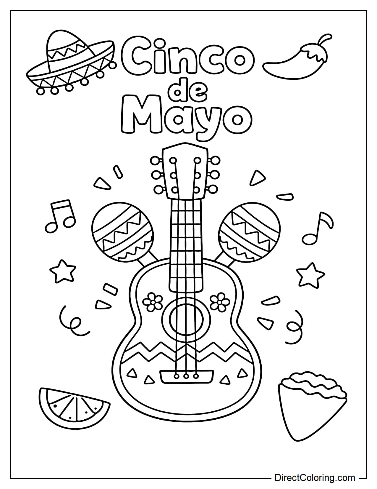 A Cinco de Mayo guitar decorated with patterns, accompanied by a pair of maracas, musical notes, and a star. Surrounding it are a Sombrero hat, chili peppers, lime slices, and tacos.