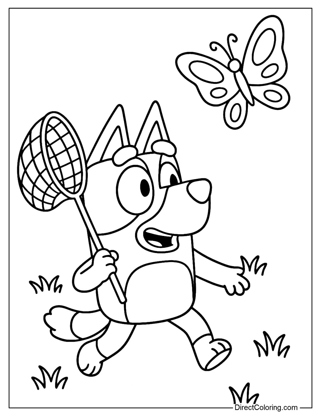 Bluey Coloring Page standing on the green grass, holding a butterfly net in his hand.