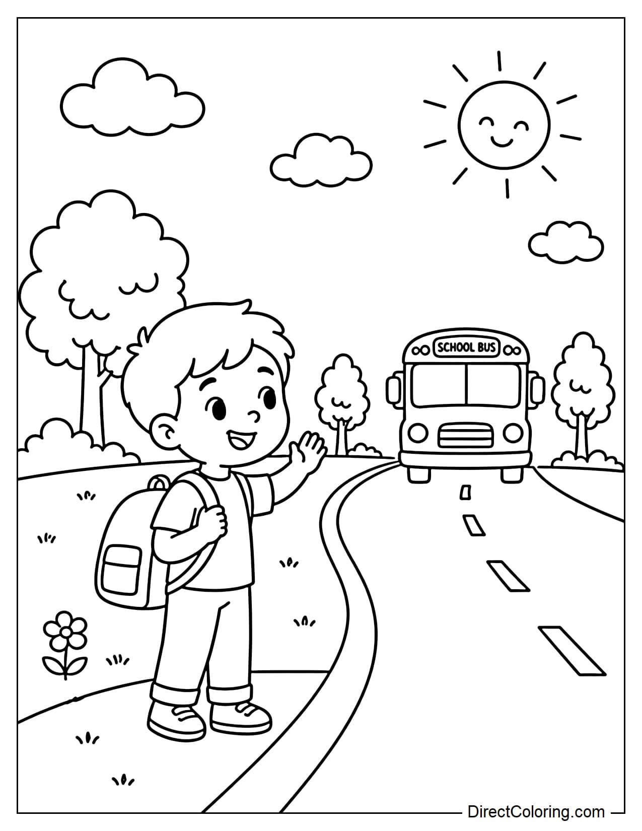 A little child with a backpack stands happily waiting for the school bus on the side of the road. In the distance, the bus is approaching, surrounded by small trees, clouds, and the sun.