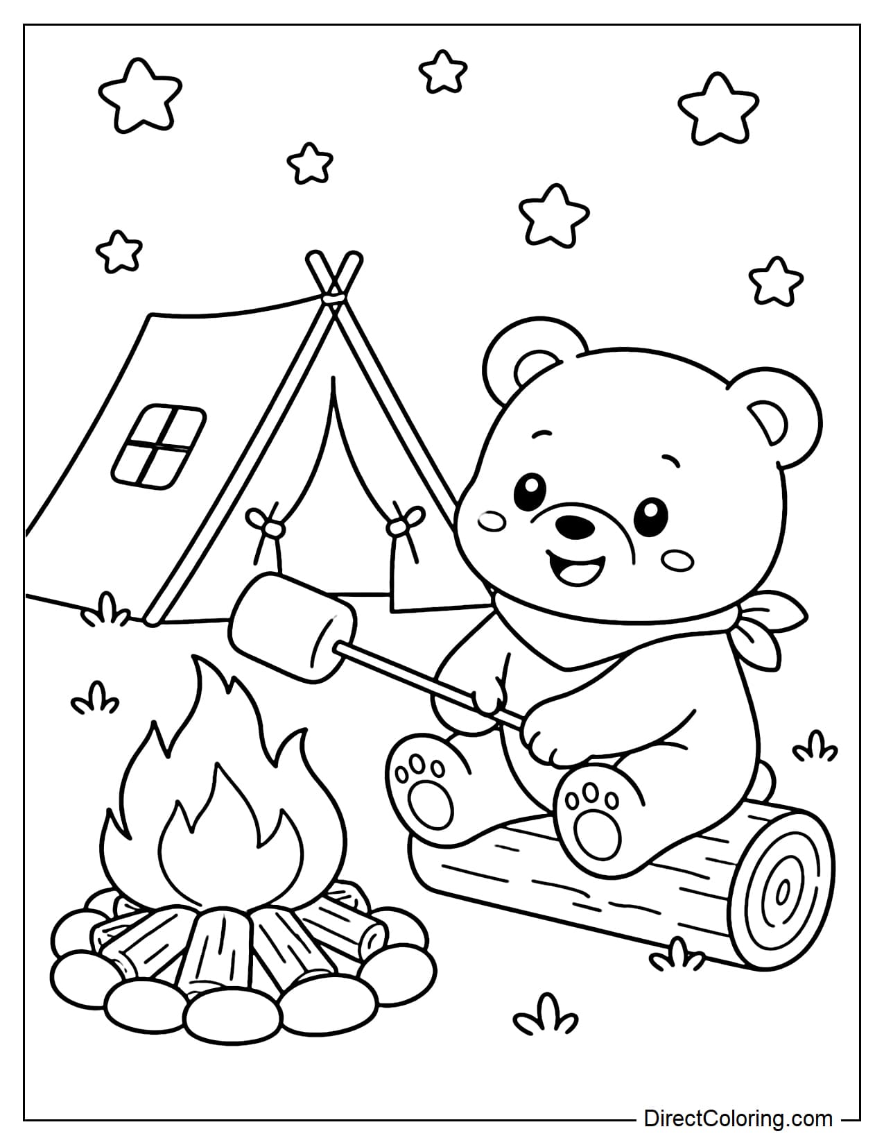 A cute bear sitting by a campfire roasting a large marshmallow, with a small tent and some stars behind it.