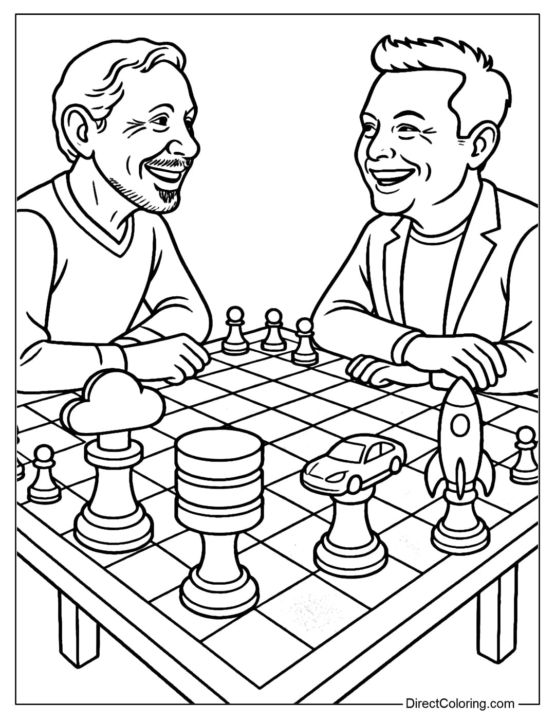 Larry Ellison with Elon Musk Chess Duel Coloring Page Larry Ellison and Elon Musk coloring page sitting across from each other on a giant chessboard.