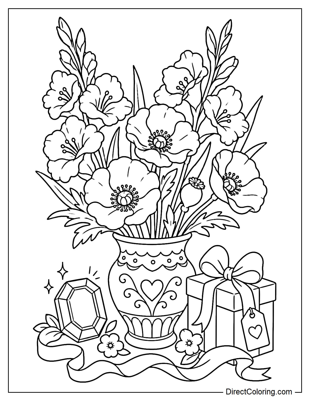 A bouquet of August flowers, including gladiolus and poppies, is arranged in a vase, next to a large peridot stone, a small gift box, and a ribbon.