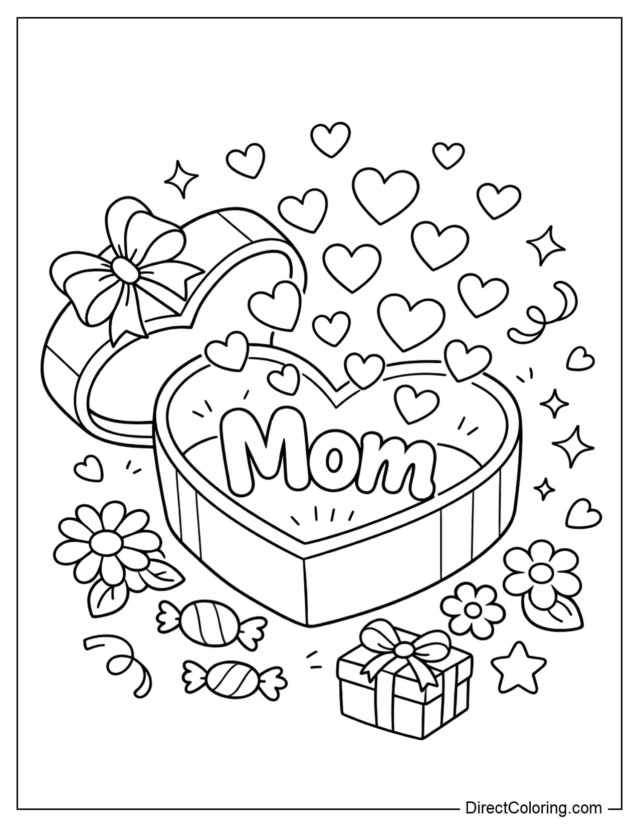 A heart-shaped gift box opens, revealing many small hearts flying up and the word 