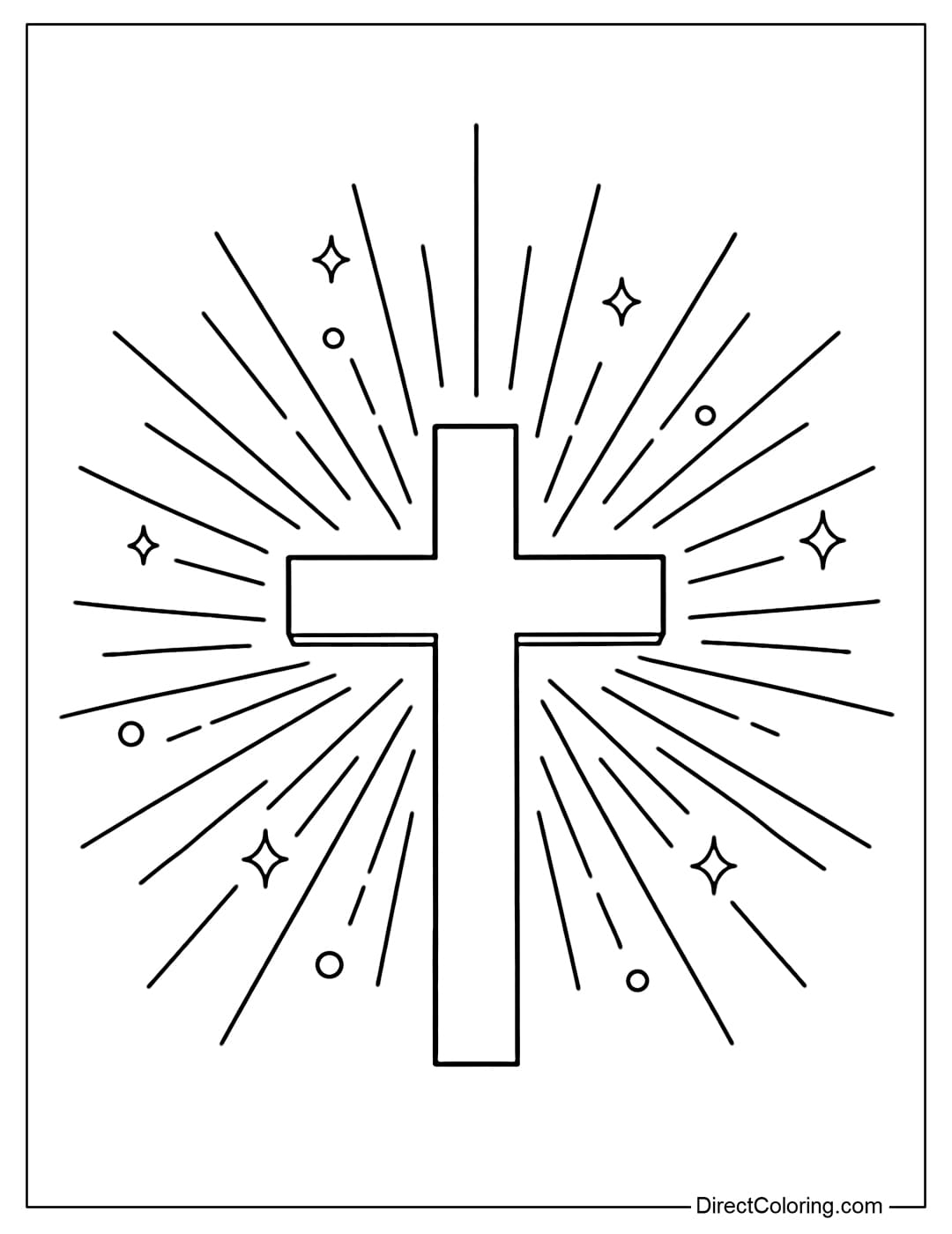 A simple cross coloring page with rays of light radiating from behind like sunlight.